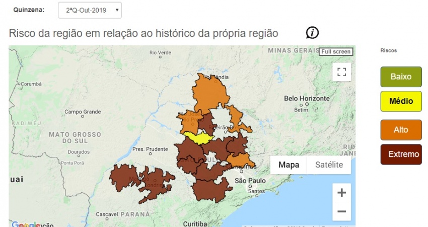 Alerta Fitossanitário apresenta mapas que indicam a variação populacional do psilídeo de forma mais fácil e intuitiva